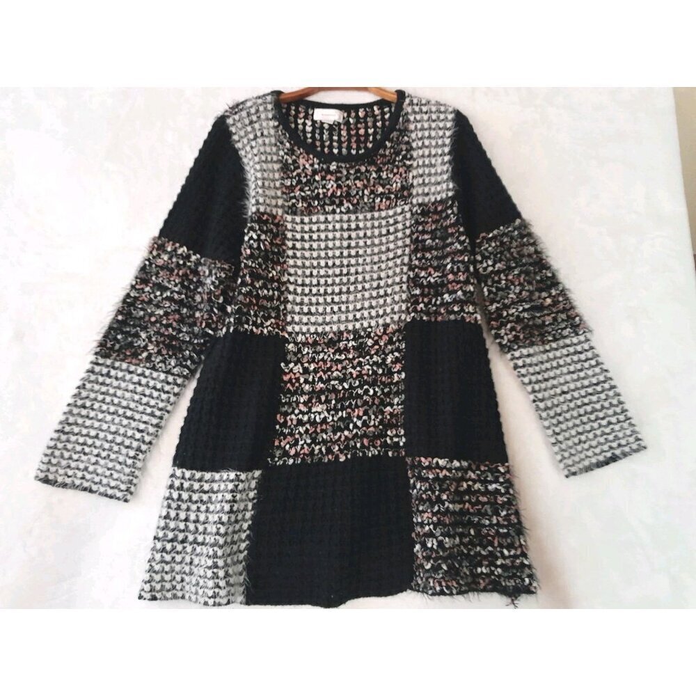 Kamana Womens Chunky Patchwork Fuzzy Long Pullover Tunic Sweater Size Large - Picture 2 of 10